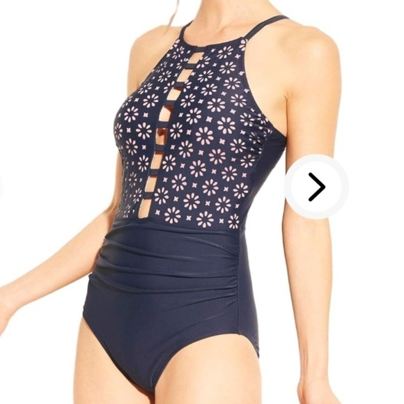 Kona Sol Laser Cut High Neck Ladder One Piece Swimsuit size Medium Navy and Pink - Picture 2 of 13